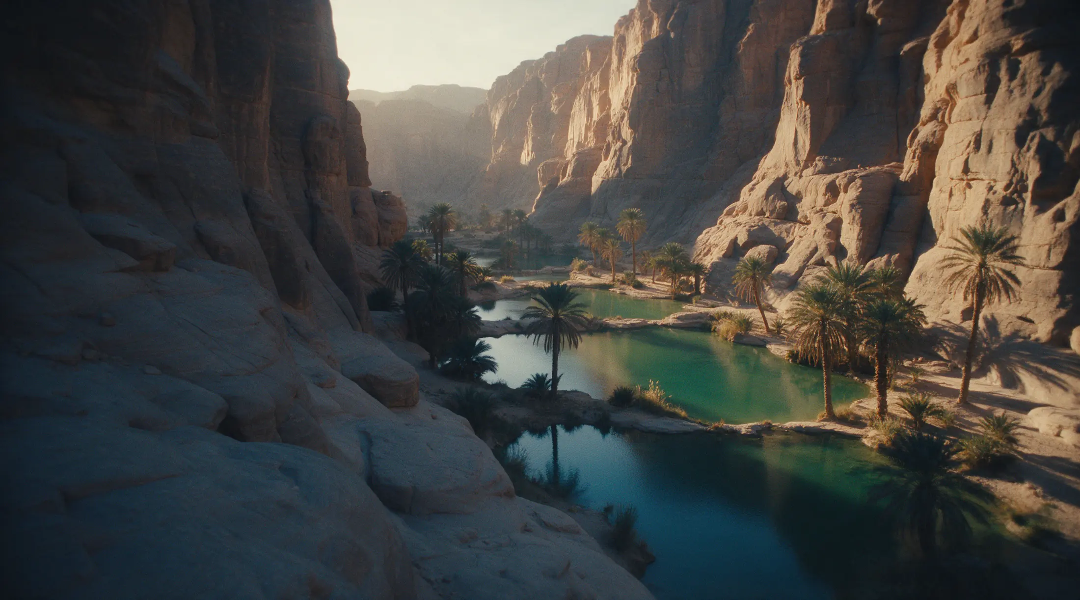 Turquoise pools between sandstone cliffs and date palms in Wadi Shab